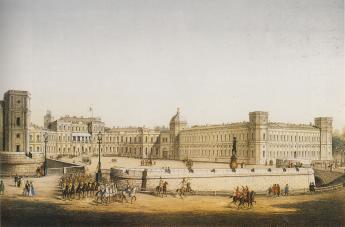Vew of  the Palace of Gatchina from the yard. The lithograph by K.K. Schulz from the drawing  of I.I. Charleman. Middle of the 19 cent.