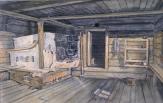 Izhora nation. Interior of a log hut. Watercolor by R.M. Gabe. 1926