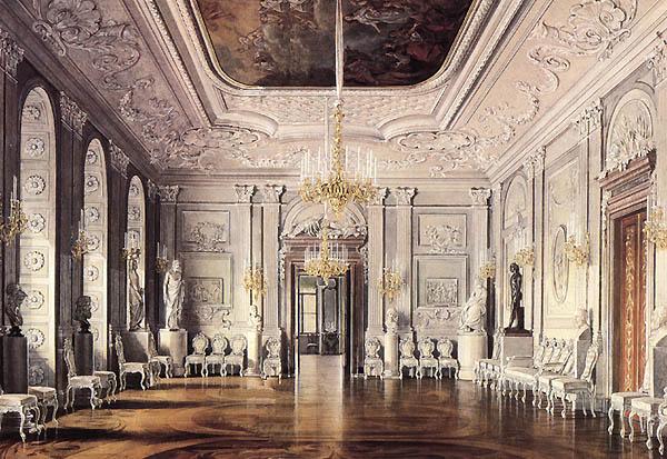 Гатчинский дворец. Белый зал.  Акварель Э. Гау. 1880