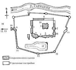 The Tikhvin Monastery of the Dirmition  of the Mother of God. Map-scheme: 1. The Dormition Cathedral 2. Refectory with Church of the Itercession 3. The Holy Gate with gareway church of the Ascension of Christ  4. bell gable  5 - cells  6. the hospital church of the Twelve Apostles 
7. the church of the Rising of the Cross   8. cells  9. The gate of the Presentation  (the front gate), west, gate with the gateway church  of the Tikhvin Icon of the Mother of God  10. church  of the Tikhvin Icon of the Mother of God former the church 