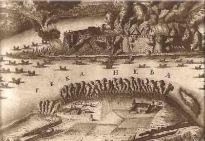 Штурм Нотебурга 11 октября 1702 г. Гравюра А.Шхонебека. 1703