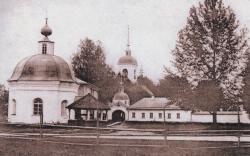 The Tikhvin Nikolayevsky Monastery of the Conversation. The Church, the Holy Gate and the Cathedral of St. Nikholas the Wonderworker.  Photograph before 1924
