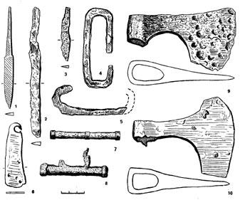 Вепсы. Железные изделия из оятских курганов. 1-3 — ножи; 4-6 — кресала; 7, 8 — игольники; 9, 10 — топоры
