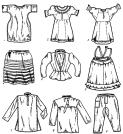 Одежда вепсов. 1–3 — женские  рубахи;   4 — юбка;   5 — кофта-казачок;   в — сарафан;    7—8 — мужские   рубахи; 9 — штаны